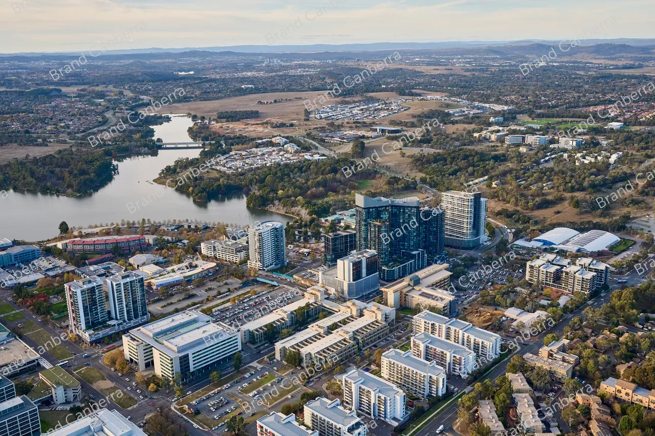 An aerial view over Canberra's Belconnen town centre and Lake Ginninderra (2)