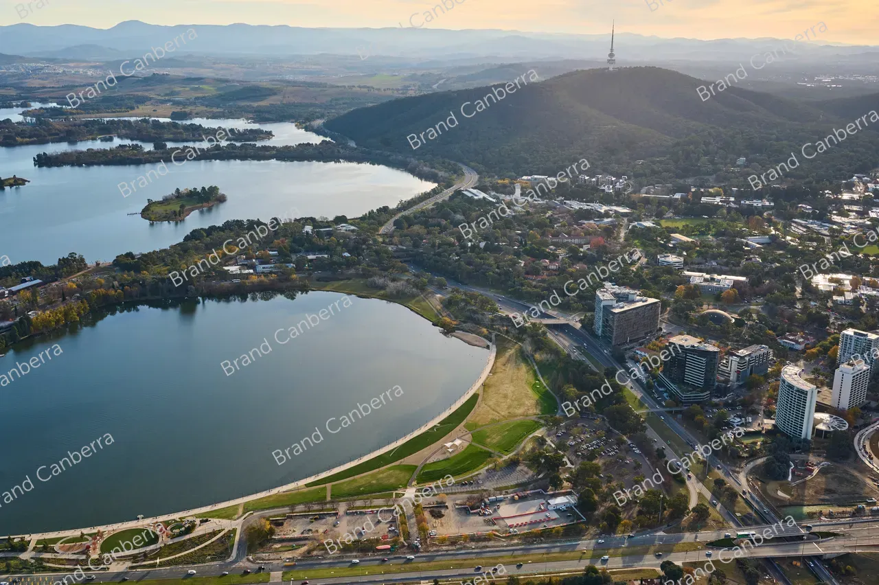 An aerial view over Canberra with Acton Waterfront, Henry Rolland Park and Telstra Tower in view