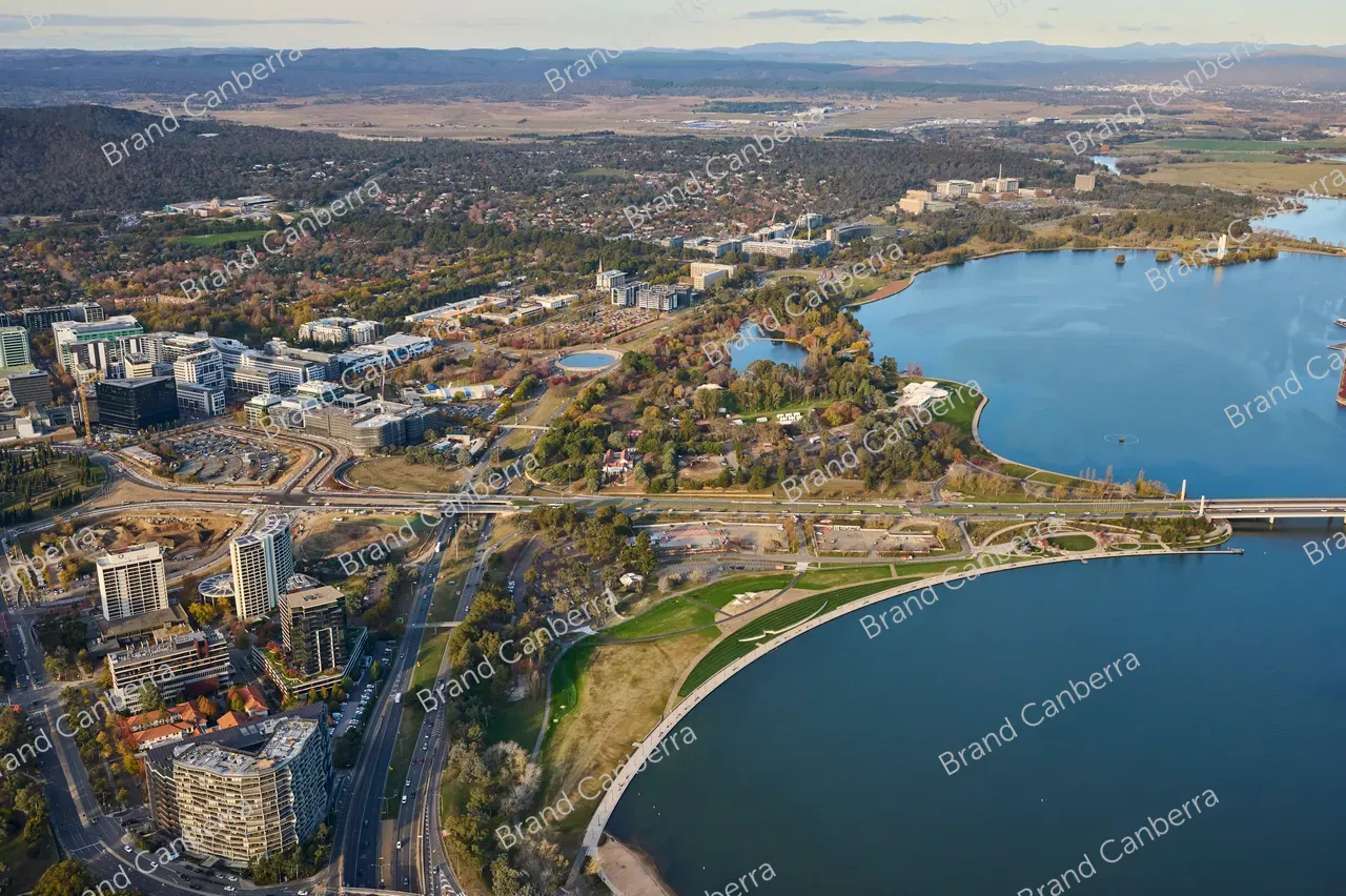 An aerial view over Canberra with Acton Waterfront and Henry Rolland Park in view (4)