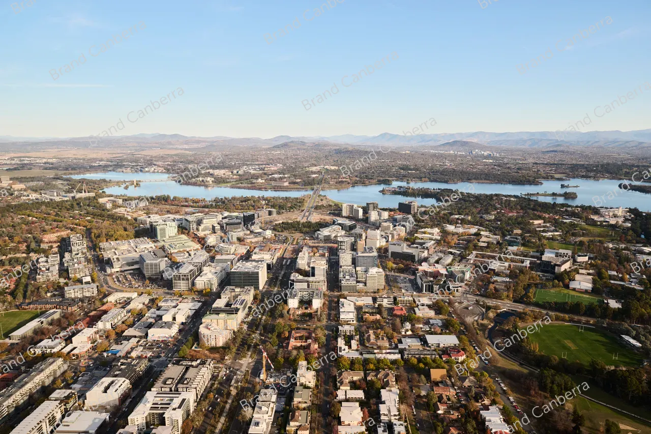 An aerial view over Canberra CBD with Lake Burley Griffin in view (2)