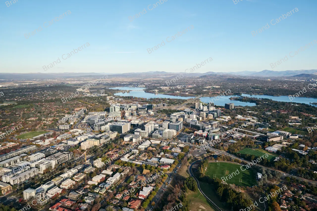 An aerial view over Canberra CBD with Lake Burley Griffin in view