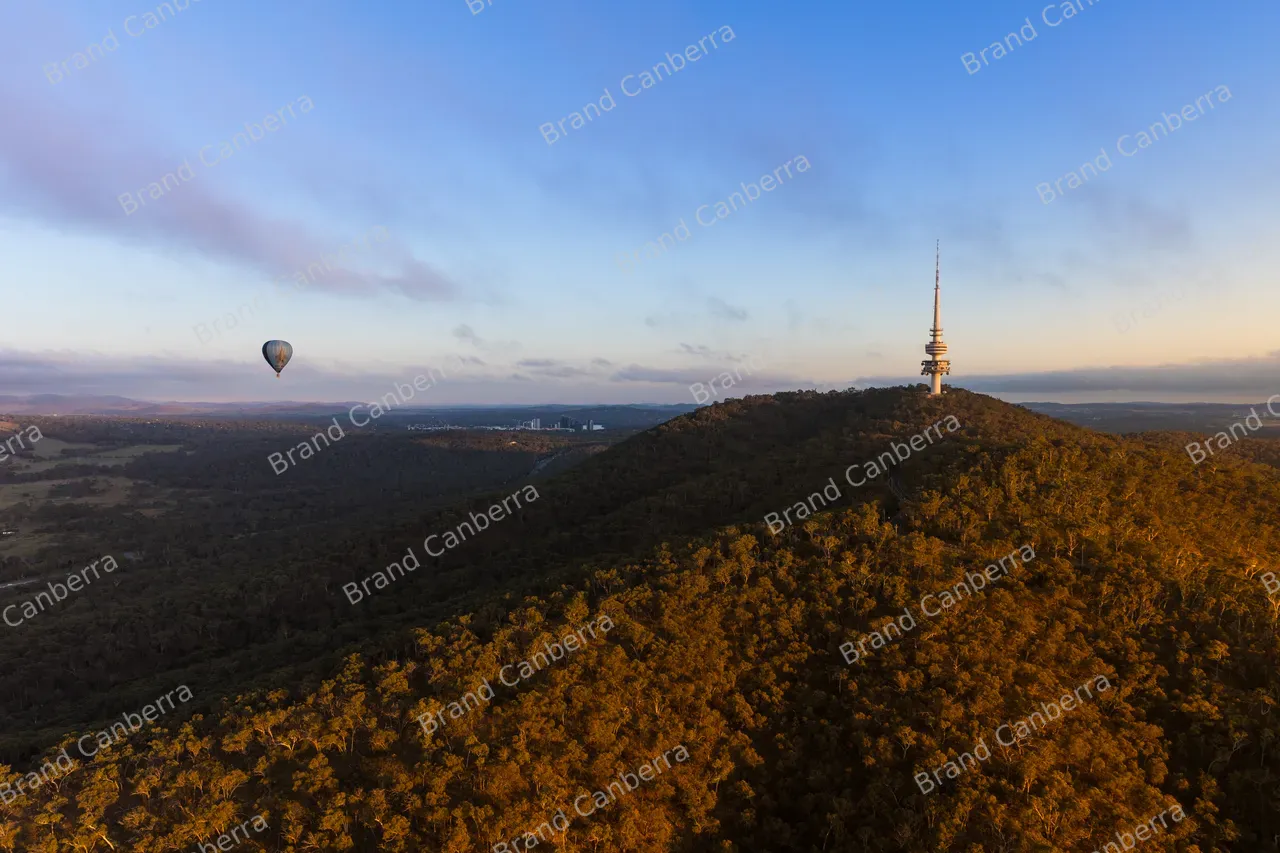 Aerial view of Black Mountain and Telstra Tower from a Hot Air Balloon