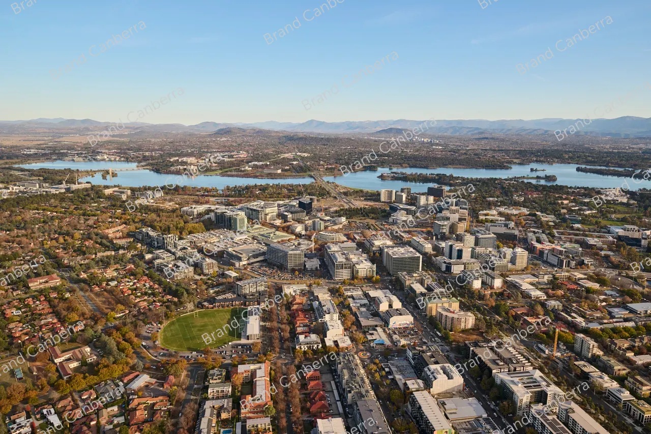 An aerial view of Canberra facing south with Lake Burley Griffin in view