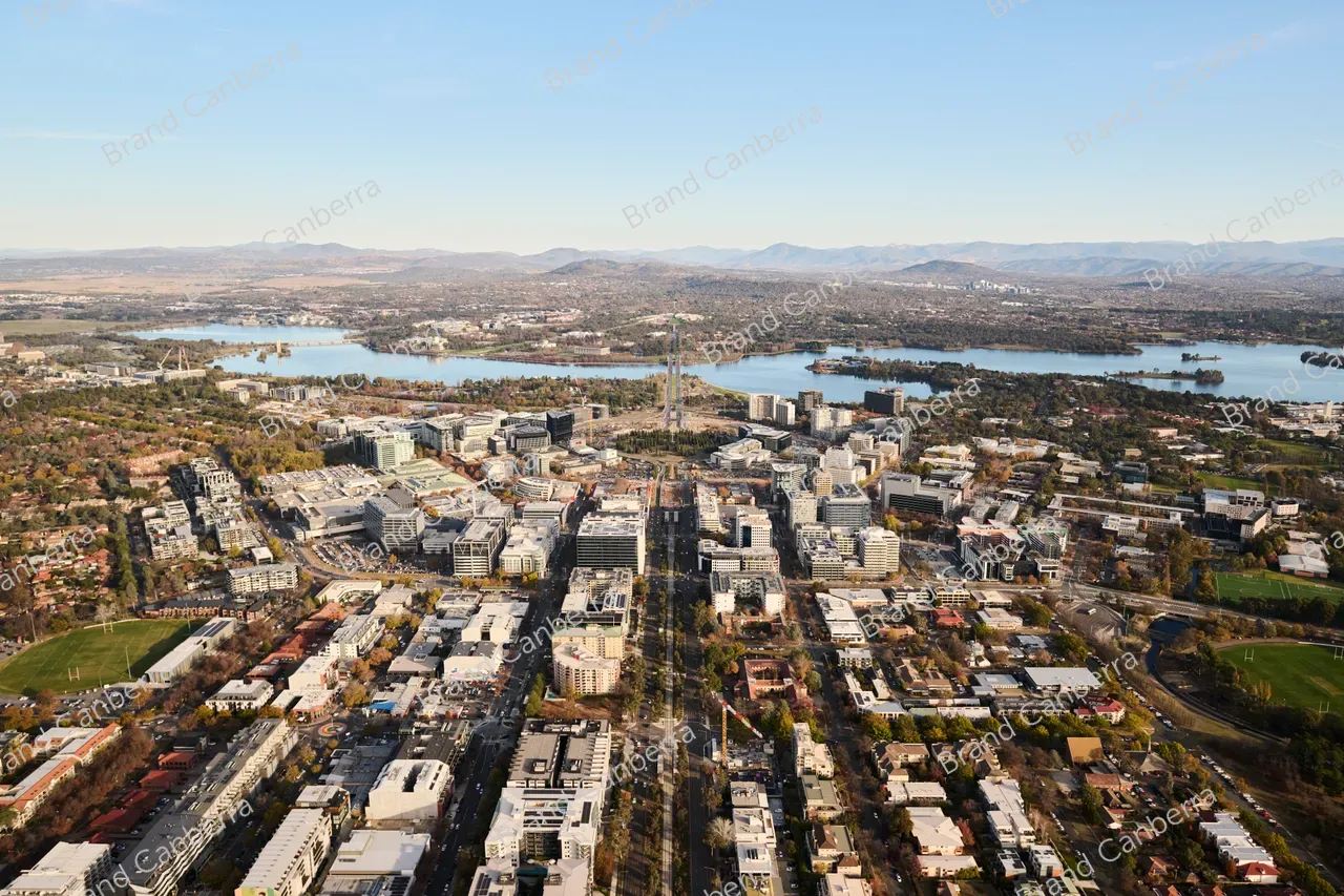 An aerial view over Canberra CBD with Lake Burley Griffin in view (3)
