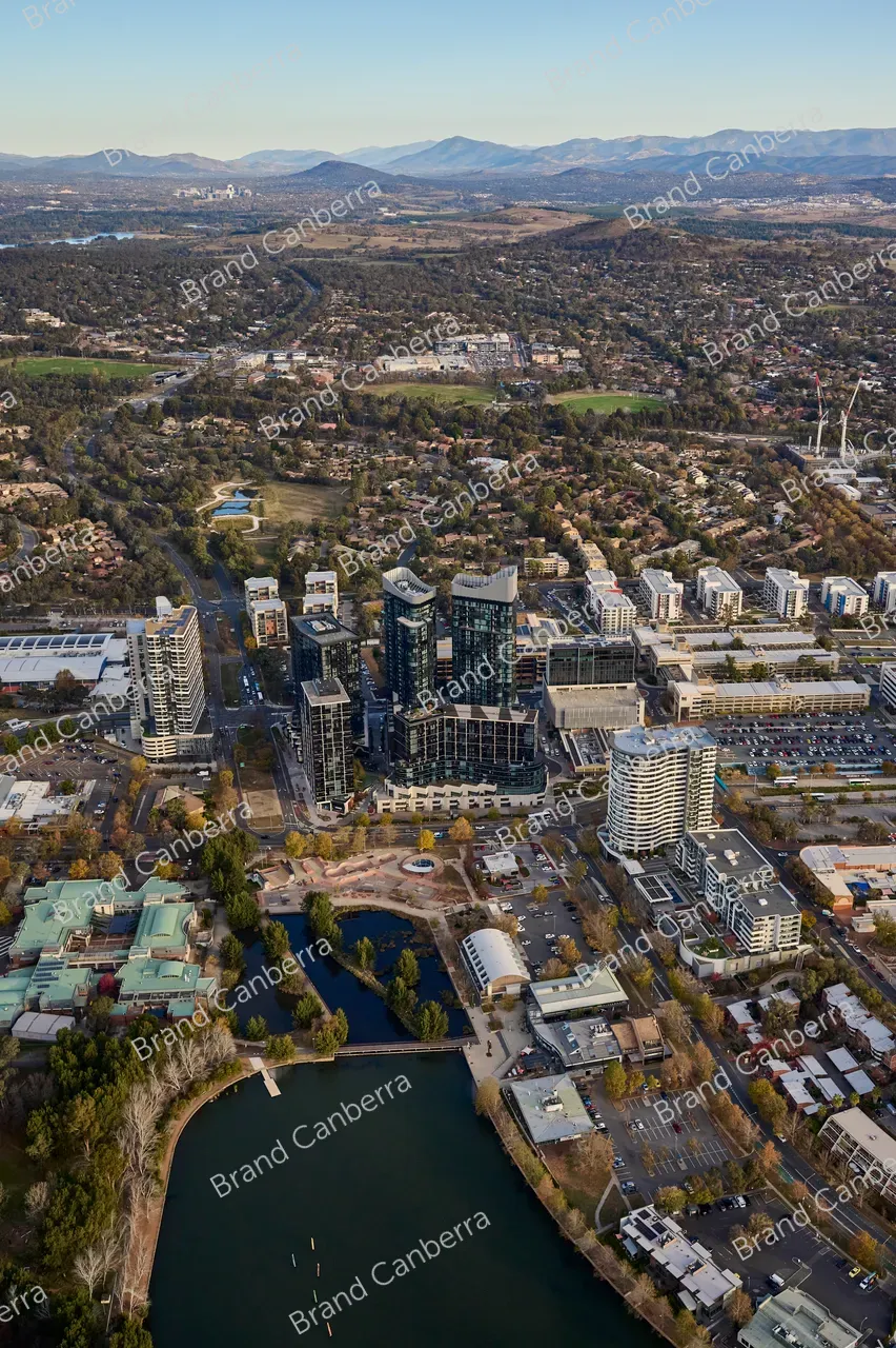An aerial view over Canberra's Belconnen town centre and Lake Ginninderra