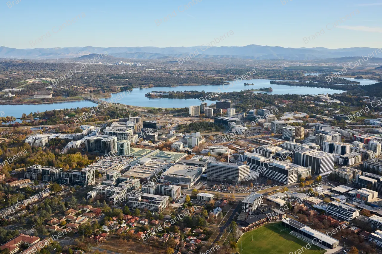 An aerial view over Canberra CBD looking west