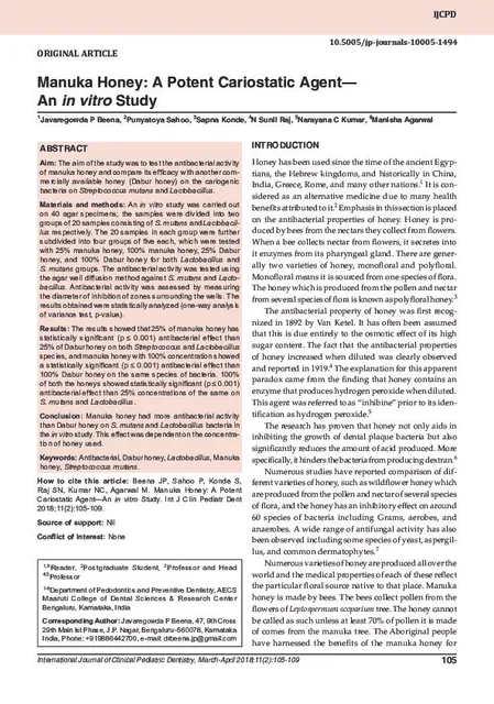 Manuka Honey: A Potent Cariostatic Agent— An in vitro Study