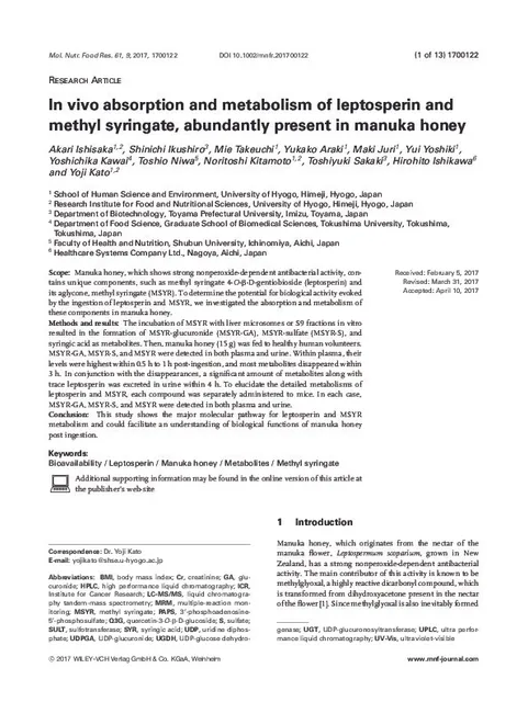 In vivo absorption and metabolism of leptosperin and methyl syringate, abundantly present in manuka honey