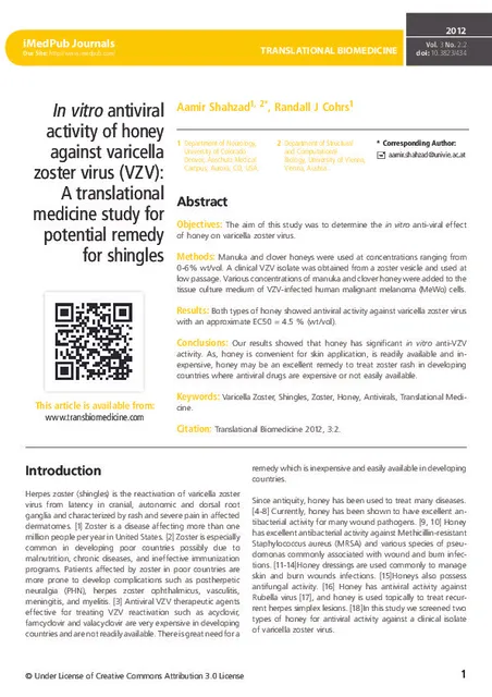 In vitro antiviral activity of honey against varicella zoster virus (VZV): A translational medicine study for potential remedy for shingles
