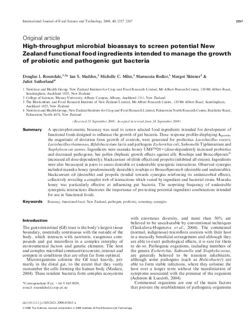 High-throughput microbial bioassays to screen potential New Zealand functional food ingredients intended to manage the growth of probiotic and pathogenic gut bacteria