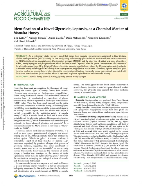 Identification of a Novel Glycoside Leptosin as a Chemical Marker of Manuka Honey