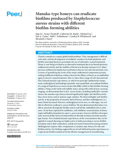 Manuka-type honeys can eradicate biofilms produced by Staphylococcus aureus strains with different biofilm-forming abilities