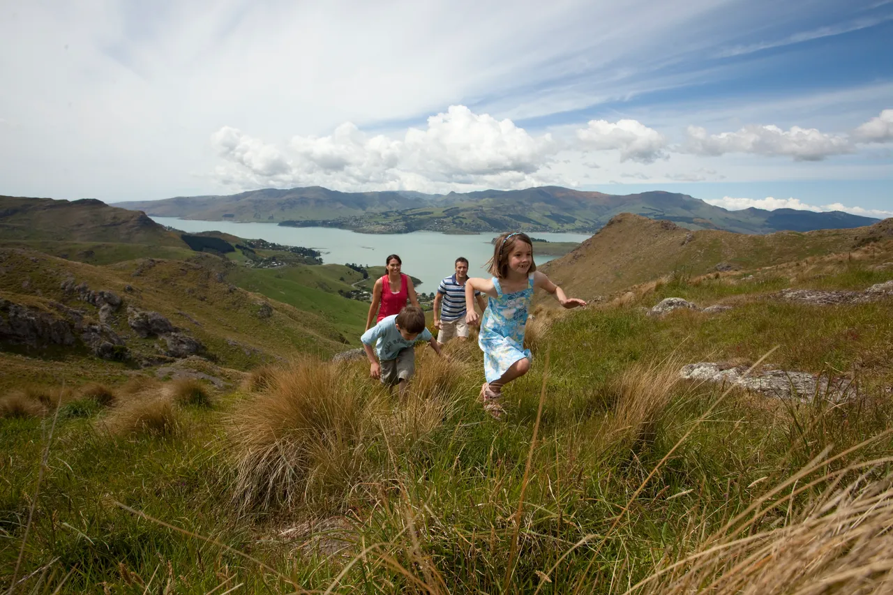 Family walking on the Port Hills