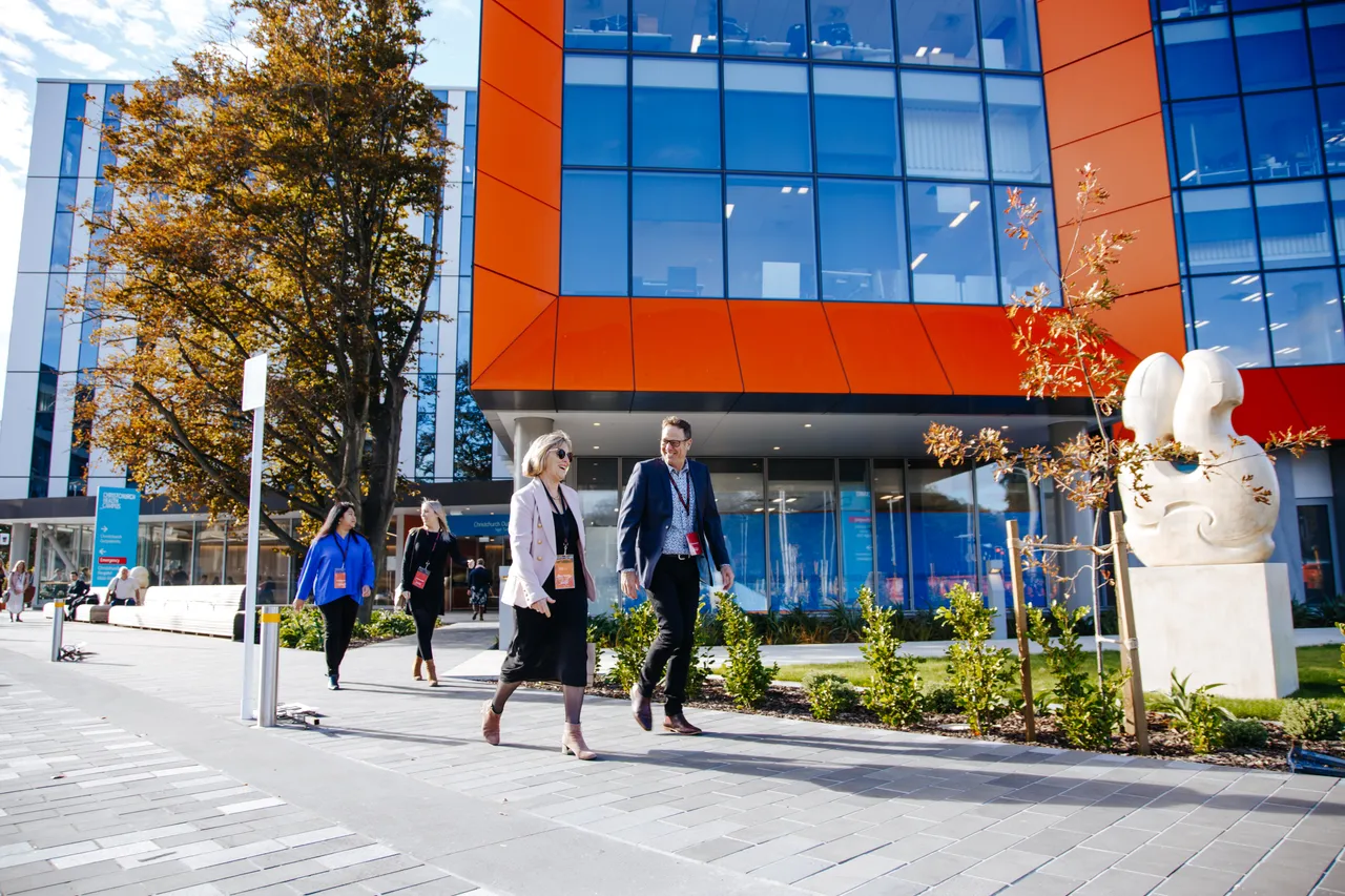 Conference delegates outside Christchurch Health Campus (Health Precinct)