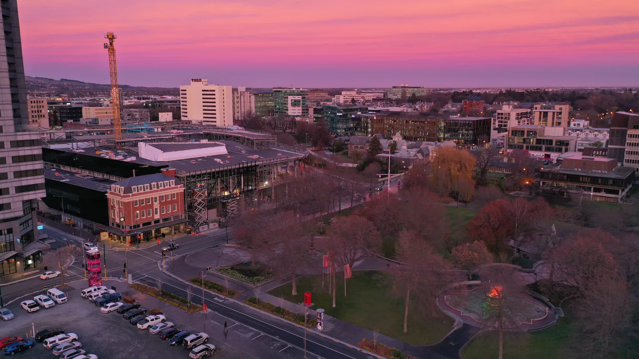 View of Te Pae Construction and Victoria Square at Dawn