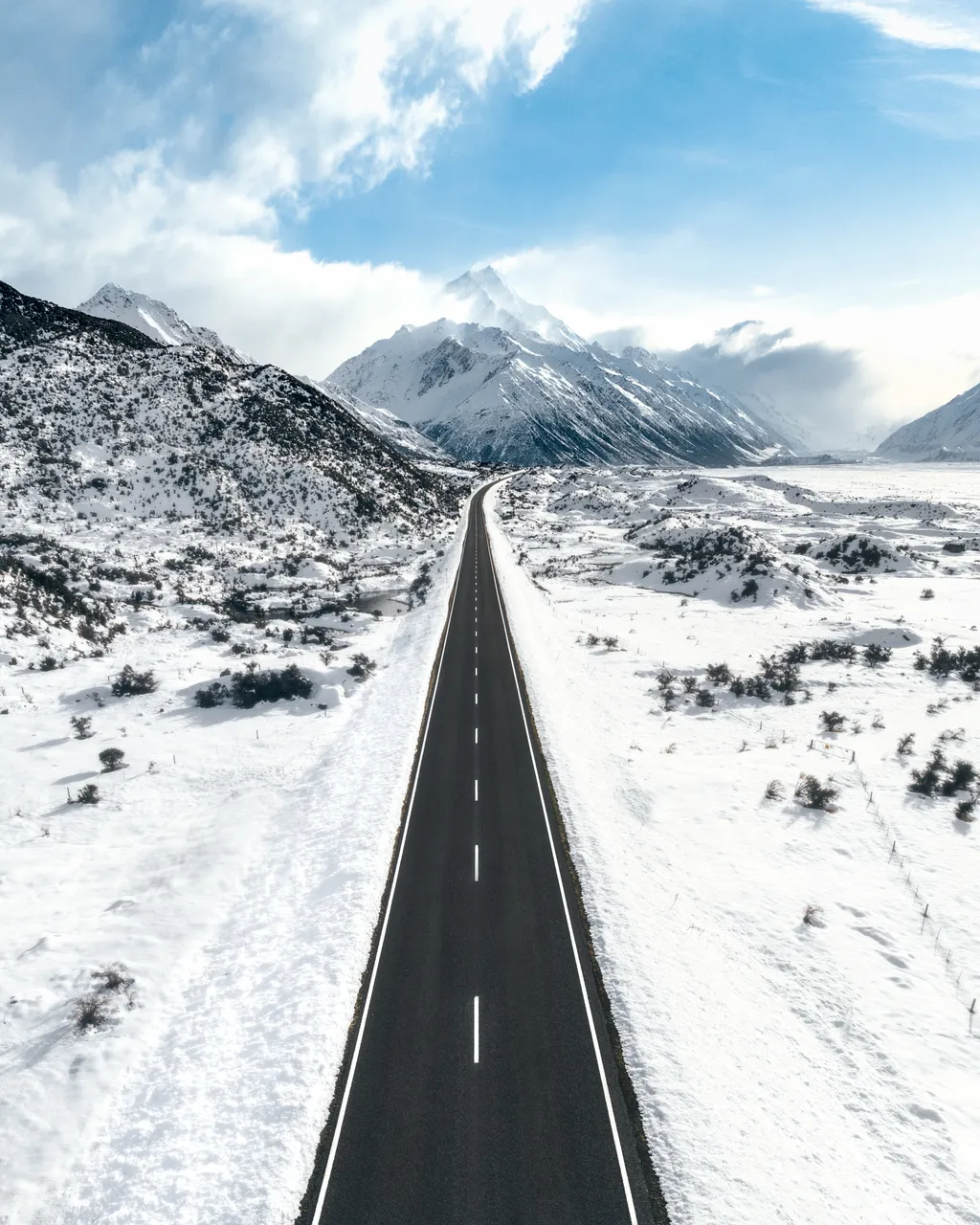 Snow on Road Leading to Aoraki