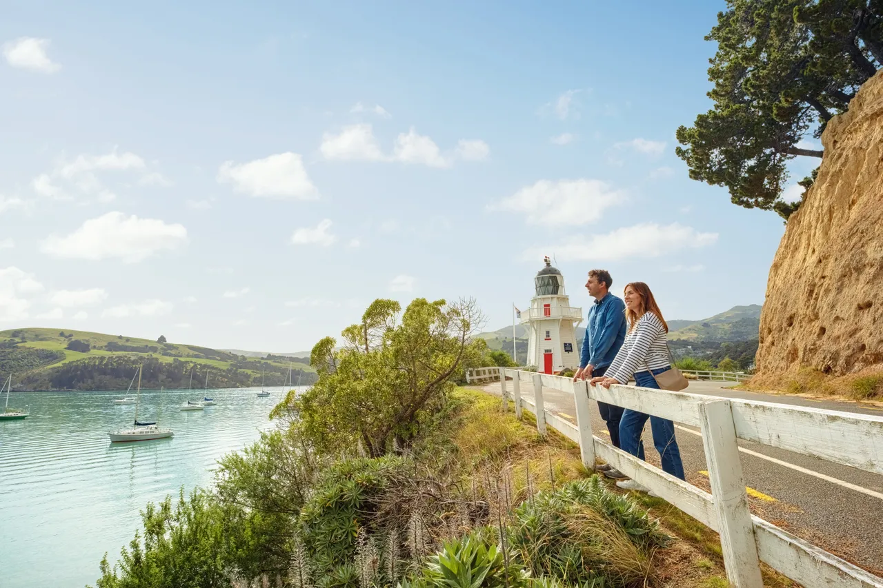Couple enjoying the views near the Akaroa Lighthouse