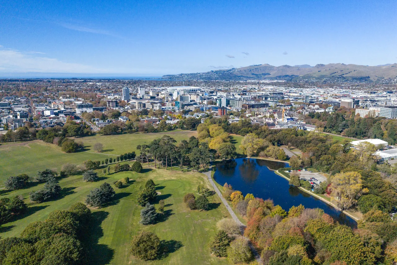 Aerial view of Hagley Park to the sea