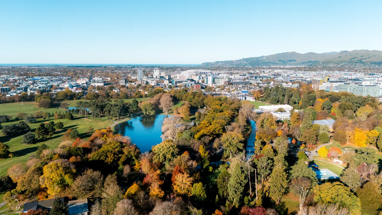 Aerial view of Hagley Park to Port Hills  in autumn
