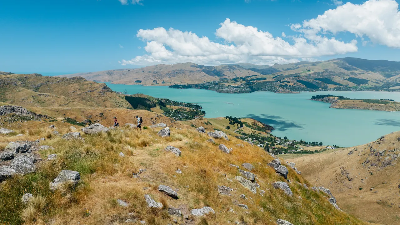 Two hikers on top of Port Hills