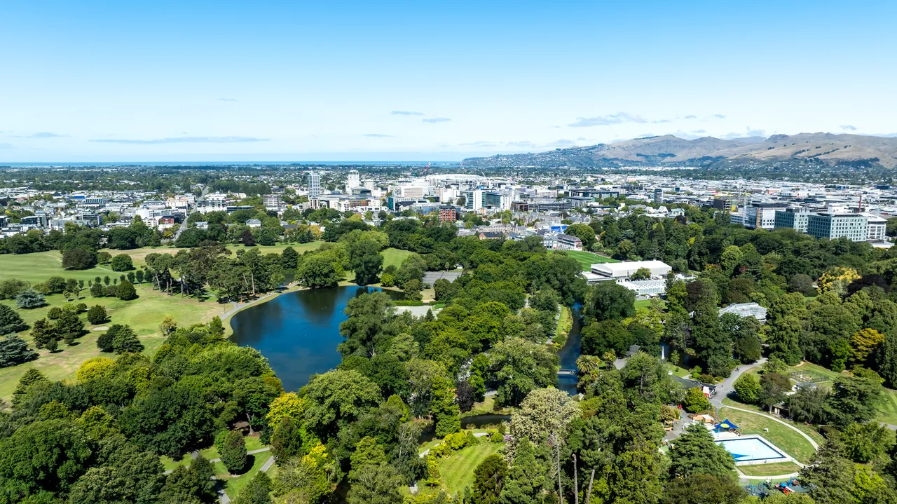 Aerial view of Hagley Park to the sea