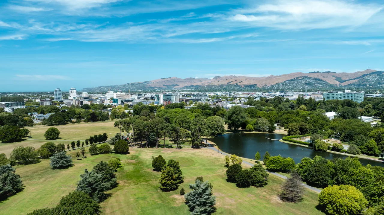 Aerial shot of Hagley Park and Central City